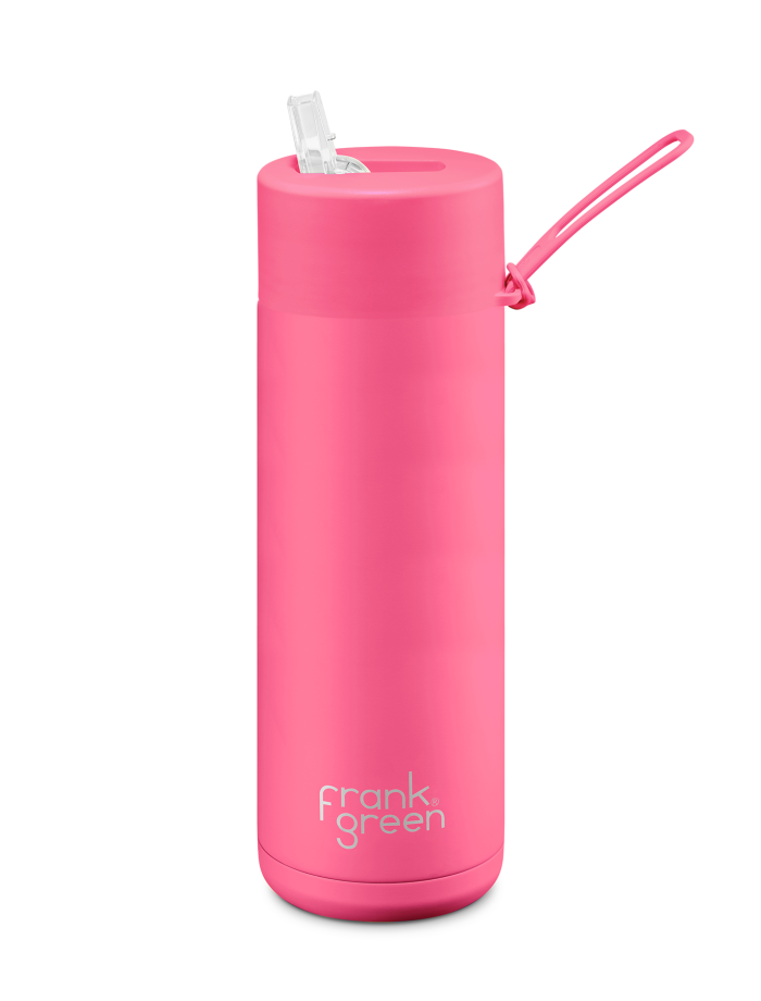 FRANK GREEN CERAMIC REUSABLE DRINK BOTTLE 20oz WITH STRAW LID - NEON PINK