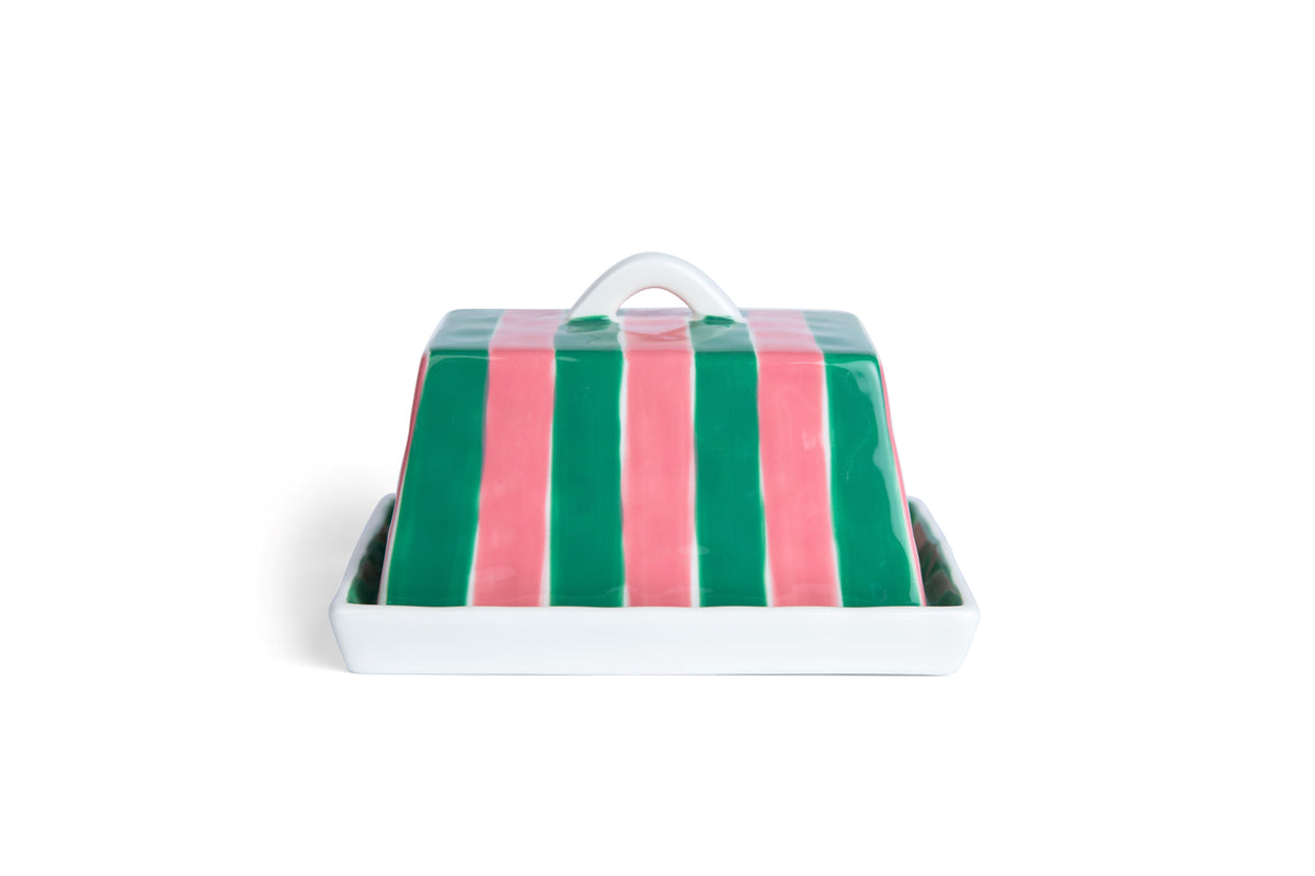 Noss & Co Ceramic Butter Dish - Pink & Green Stripe
