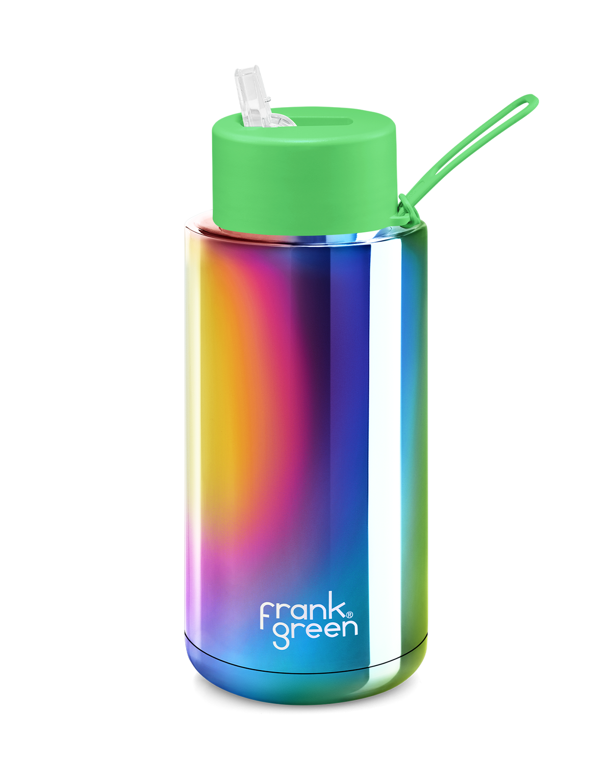 Frank Green Chrome Rainbow Ceramic Reusable Bottle 34oz/1 Litre With Straw Lid - Neon Green
