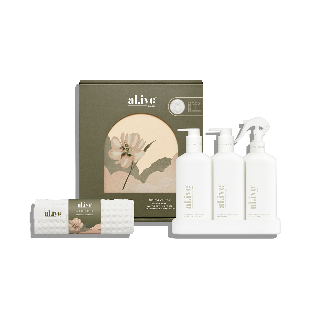 Alive Body The Retreat Collection Kitchen Trio & Towel Gift Set - Lemon Myrtle & Honeydew