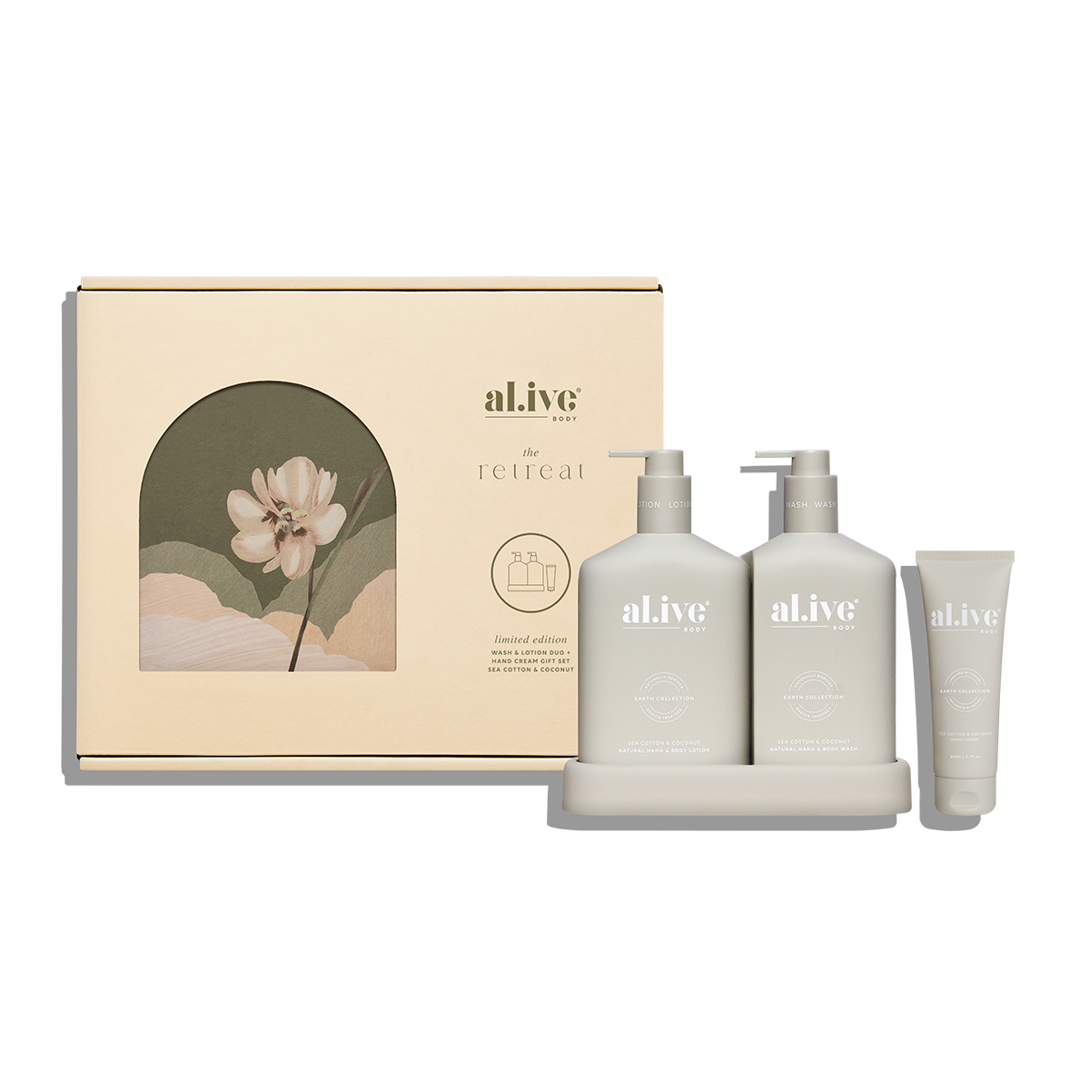 Alive Body The Retreat Collection Wash & Lotion Duo + Hand Cream - Sea Cotton & Coconut