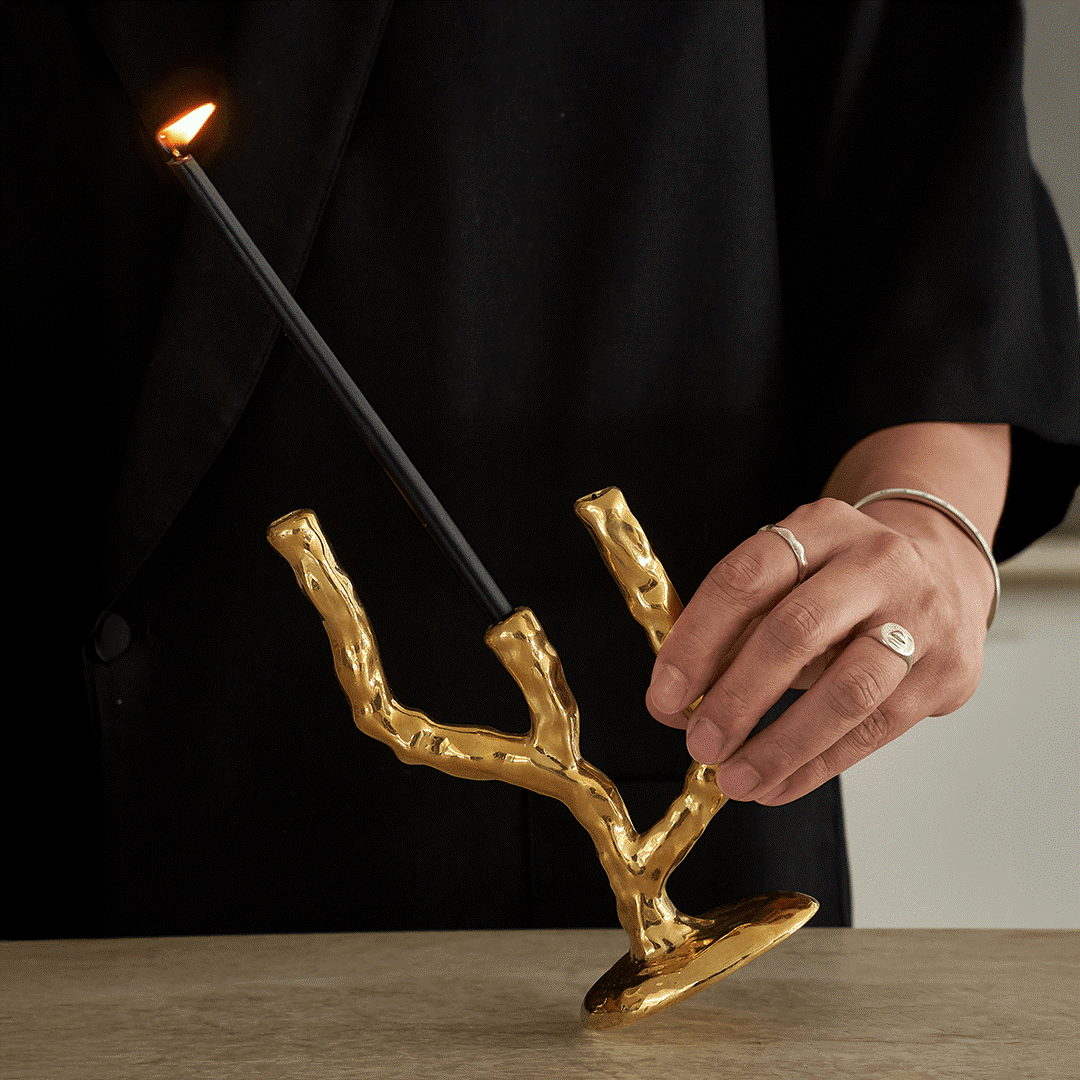 Black Blaze Triple Twig Brass Candle Holder