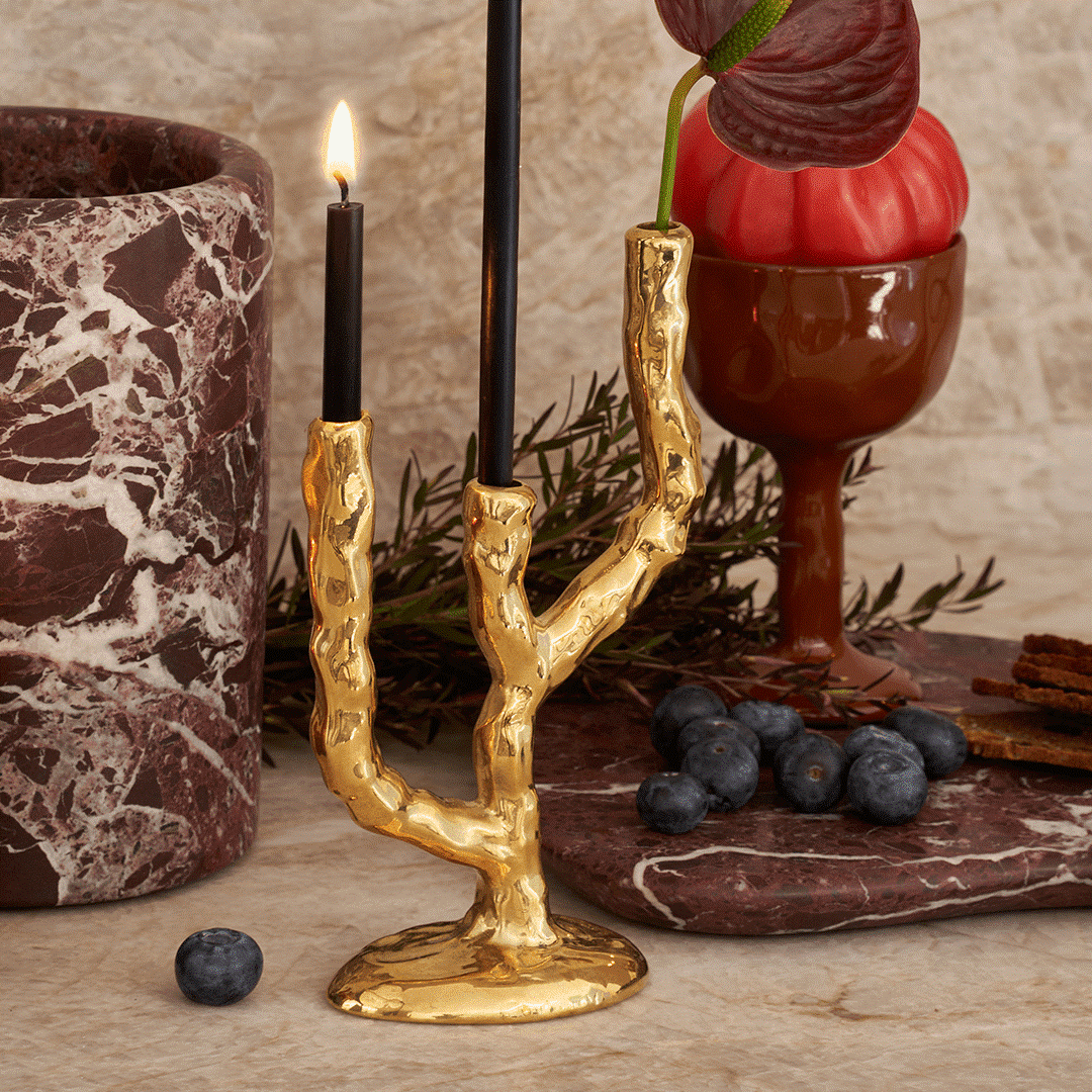 Black Blaze Triple Twig Brass Candle Holder