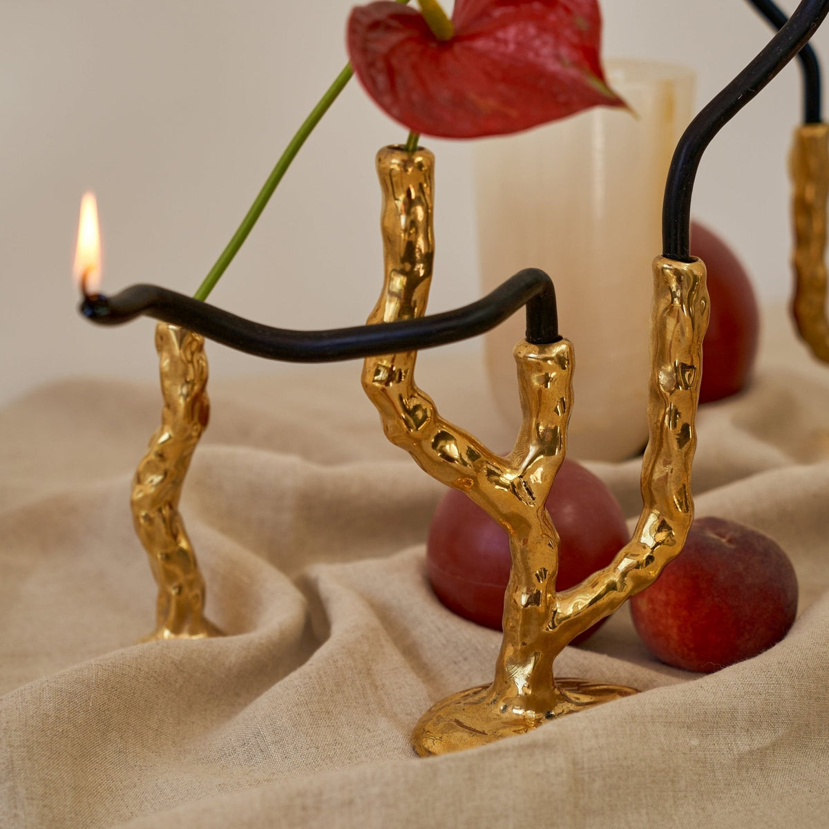 Black Blaze Triple Twig Brass Candle Holder