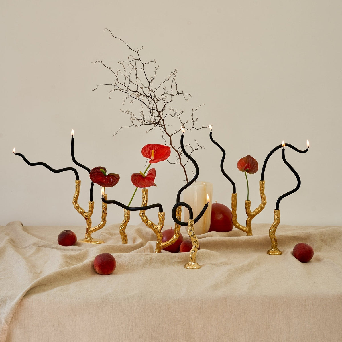 Black Blaze Triple Twig Brass Candle Holder