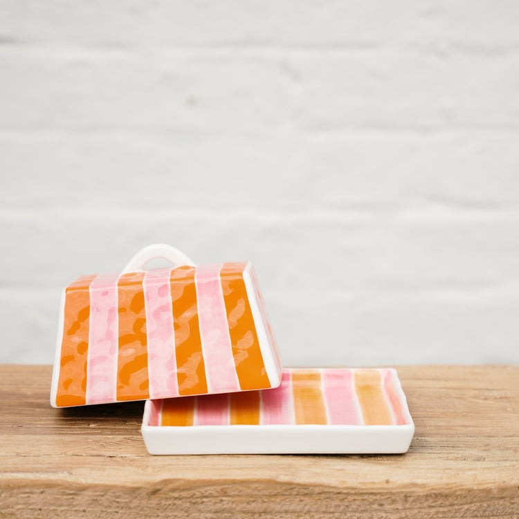 Noss & Co Ceramic Butter Dish - Orange & Pink Stripe