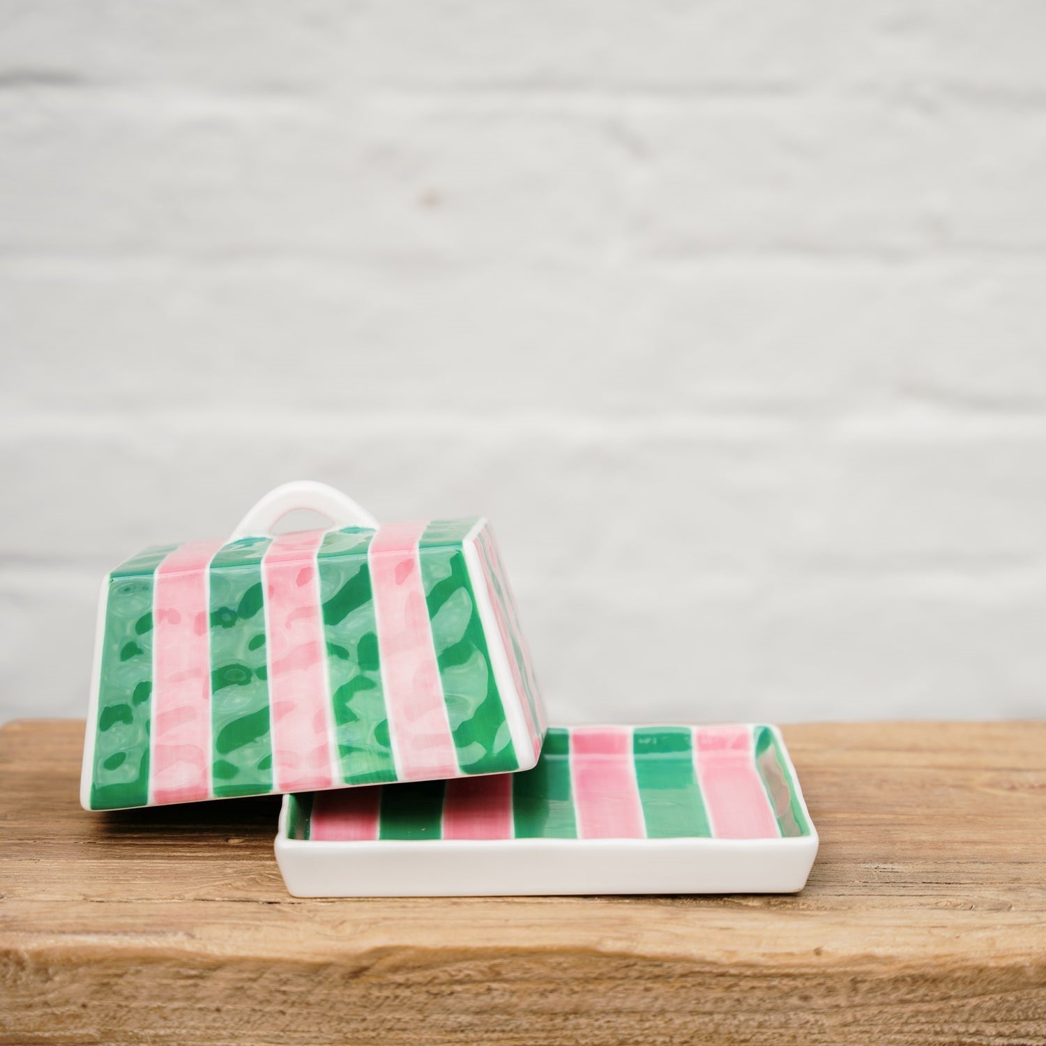 Noss & Co Ceramic Butter Dish - Pink & Green Stripe