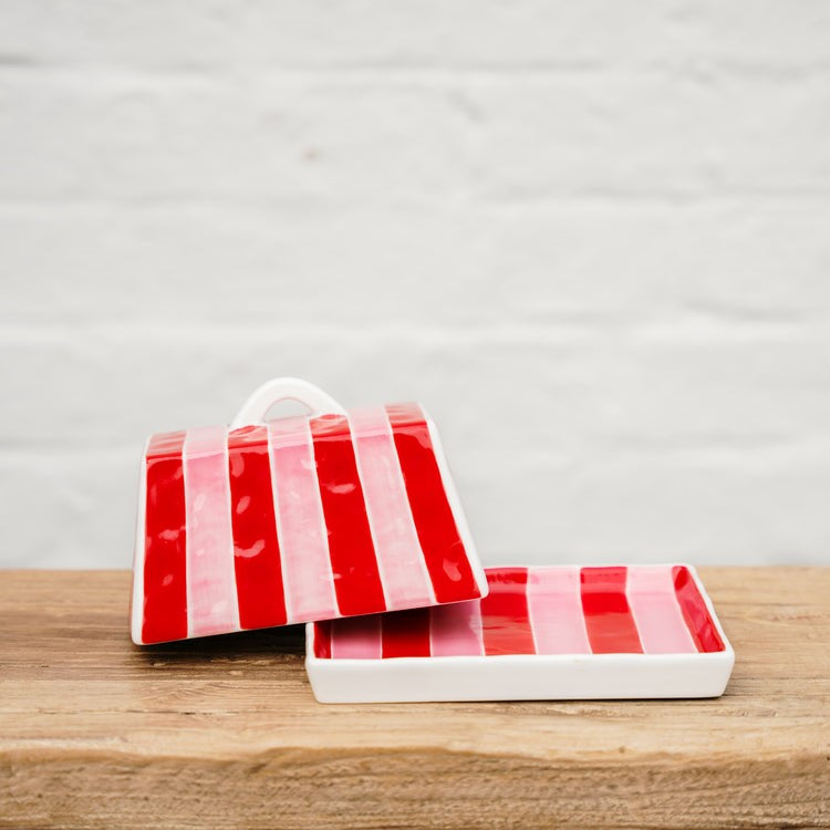 Noss & Co Ceramic Butter Dish - Red & Pink Stripe