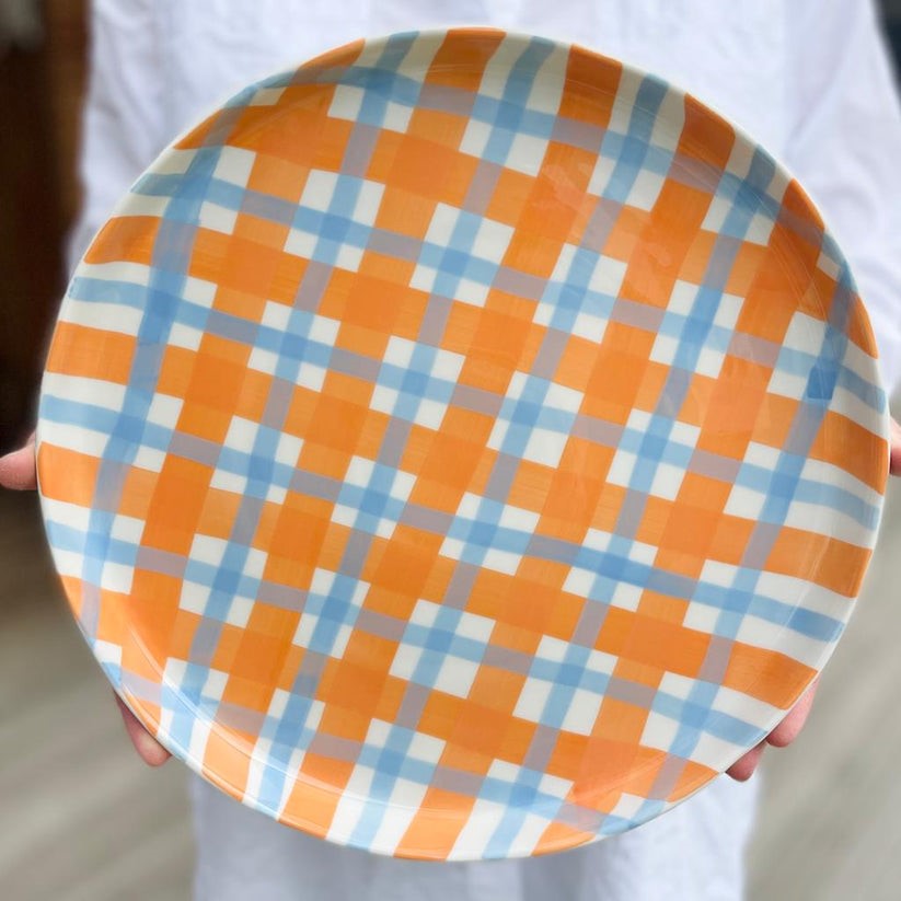 Noss & Co Gingham Platter - Orange & Cornflower Blue