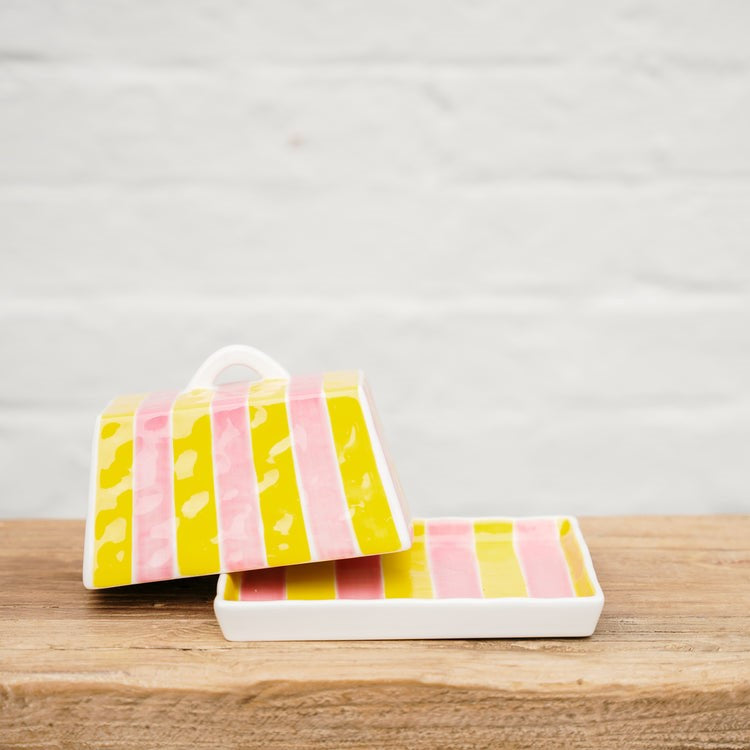 Noss &amp; Co Ceramic Butter Dish - Pink &amp; Yellow Stripe