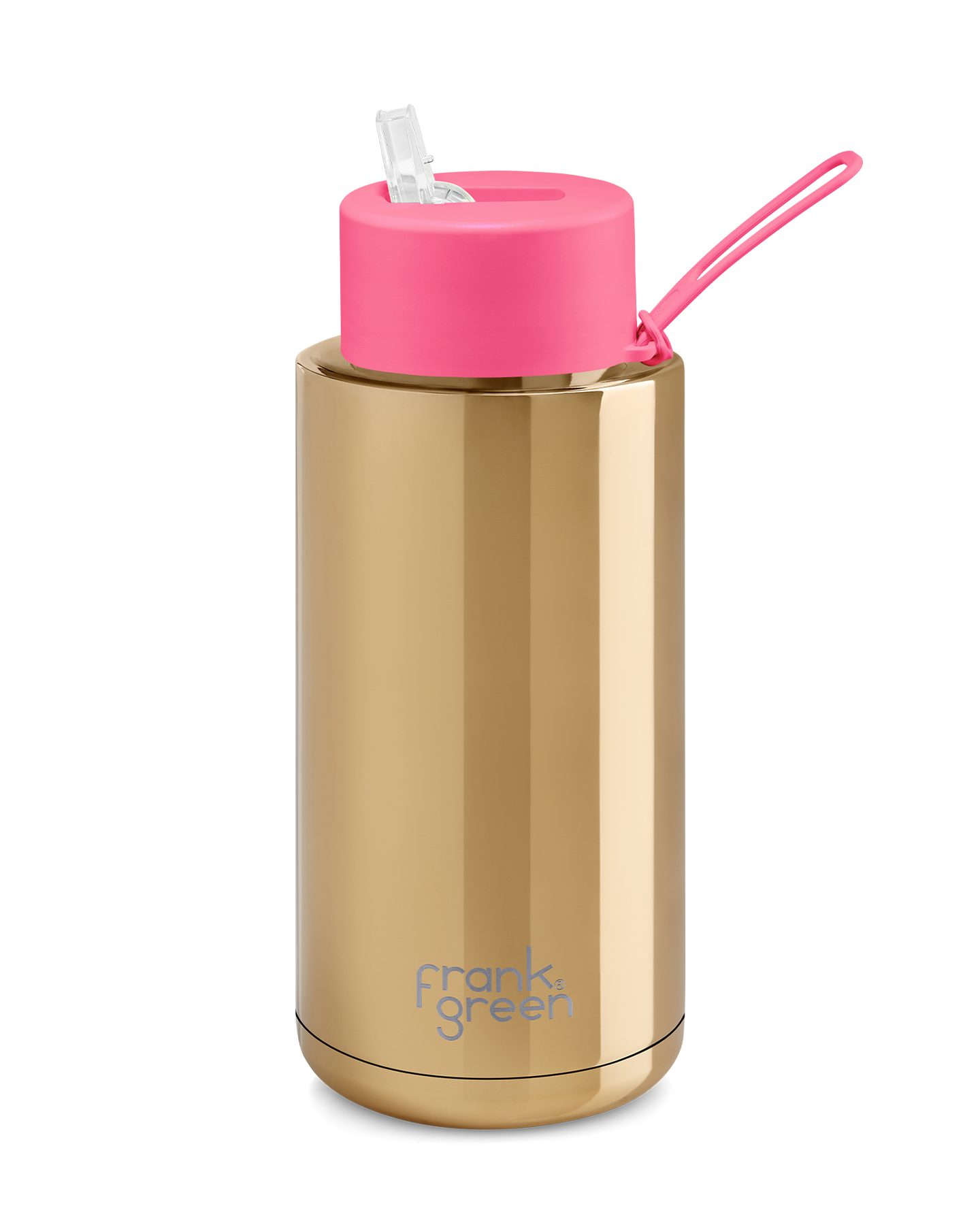 FRANK GREEN CHROME GOLD CERAMIC REUSABLE BOTTLE 34oz/1 LITRE WITH STRAW LID - NEON PINK