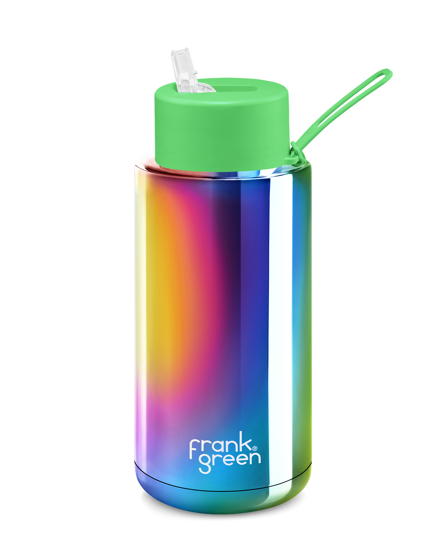 Frank Green Chrome Rainbow Ceramic Reusable Bottle 34oz/1 Litre With Straw Lid - Neon Green