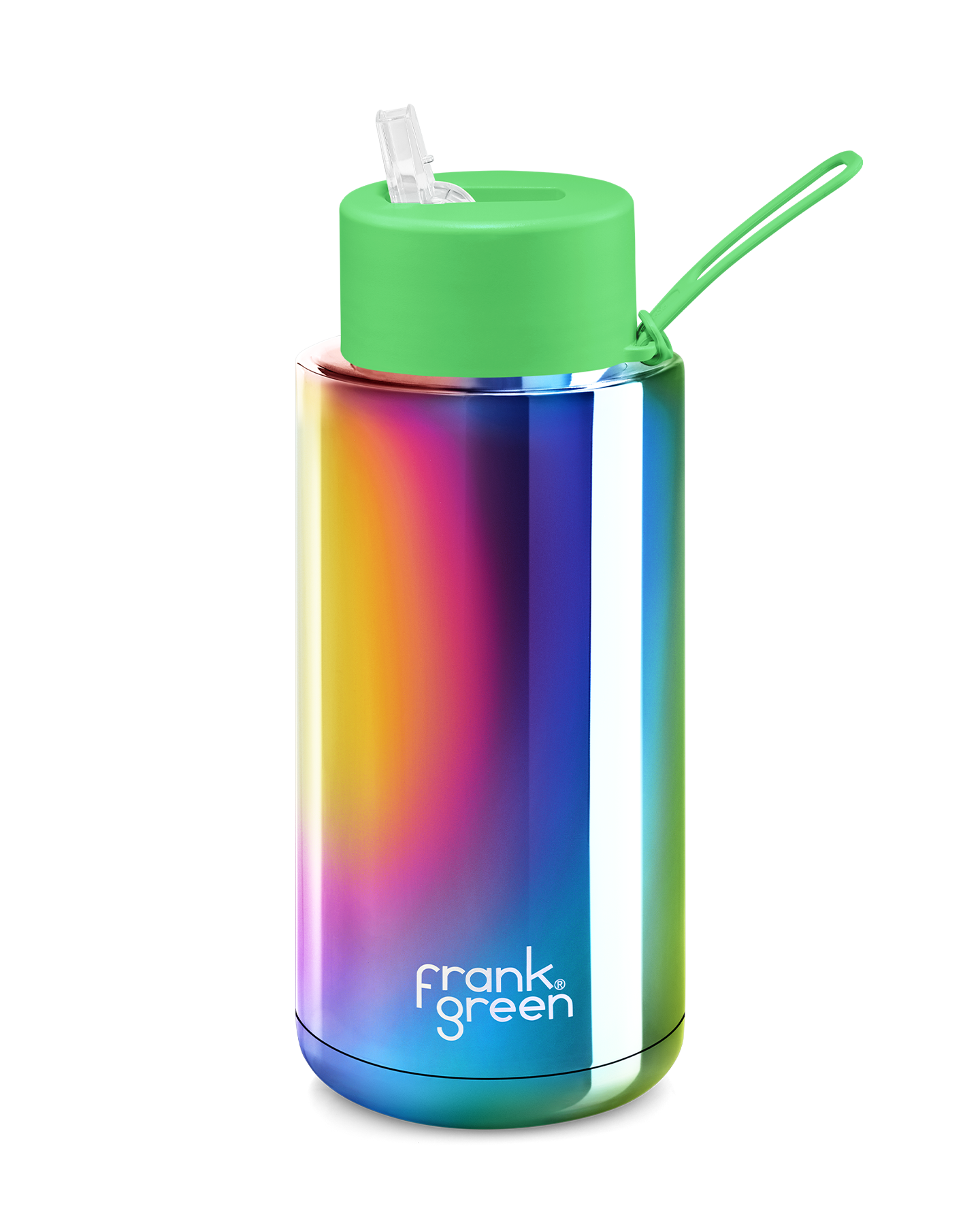 FRANK GREEN CHROME RAINBOW CERAMIC REUSABLE BOTTLE 34oz/1 LITRE WITH STRAW LID - NEON GREEN