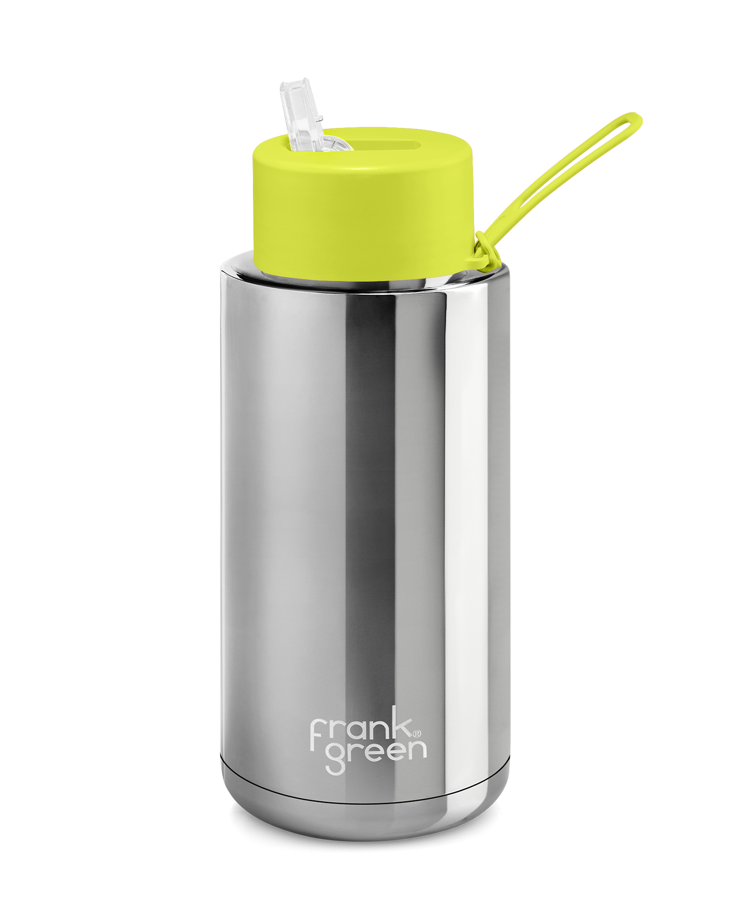 FRANK GREEN CHROME SILVER CERAMIC REUSABLE BOTTLE 34oz/1 LITRE WITH STRAW LID - NEON YELLOW