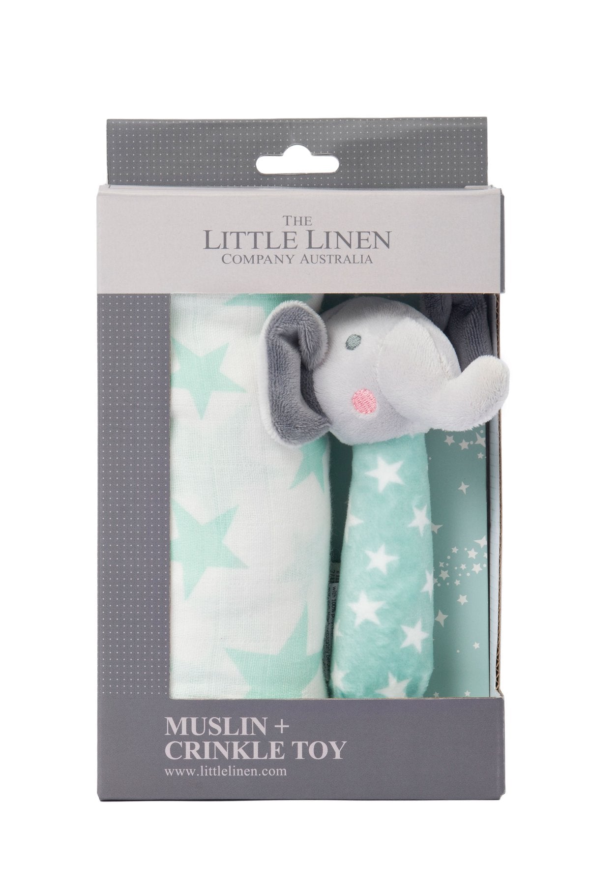 Little Linen Muslin Wrap & Crinkle Toy - Seafoam Elephant