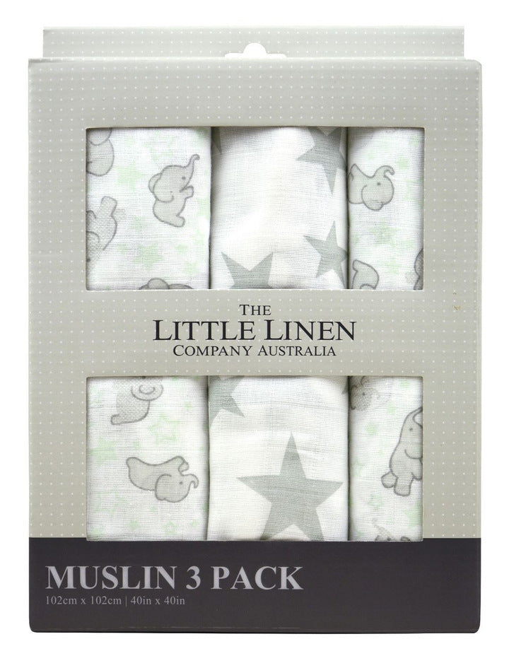Little Linen Cotton Muslin Wrap 3 Pack Set - Mint Elephant