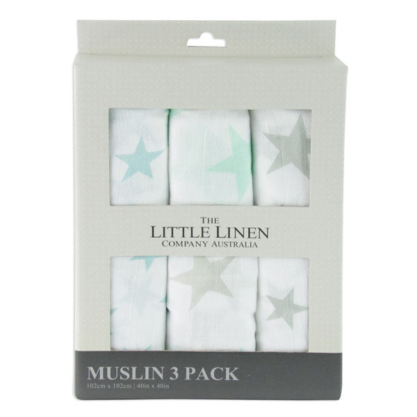 Little Linen Cotton Muslin Wrap 3 Pack Set - Teal Star